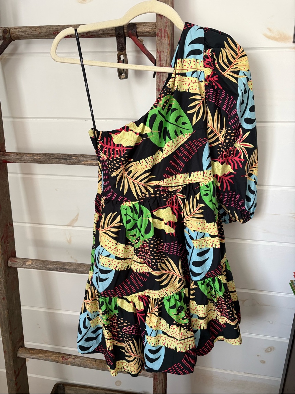 Forever 21 Black One-Shoulder Tropical Print Dress with Green, Blue & Yellow